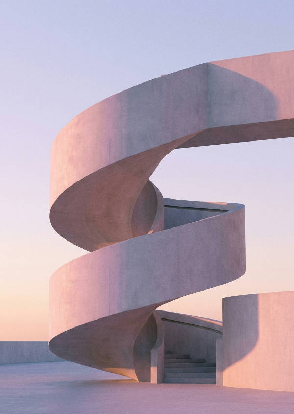 Minimalistisk arkitektonisk filmfotografi av en böjd monolitisk betongspiraltrappa mot en klar himmel med solnedgångsskuggor i lila och rosa toner.