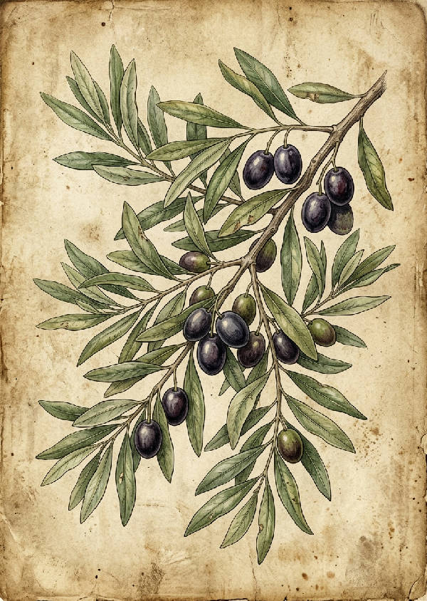 Detaljerad botanisk vintageillustration av en olivkvist med gröna blad mot en varm brungul pergamentpapperbakgrund.