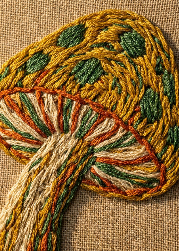 Detaljerat makrofoto av ett broderat konstverk som visar en prickig magisk svamp med tjocka, glansiga trådar i senapsgul, skogsgrön och bränd orange på gräddvit bakgrund.