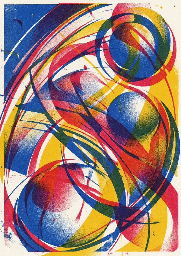 Abstrakt Risograph-tryck med kinetisk fotbollsenergi. Djärva kurvor, stipplade gradienter i blått, rött, gult. Dynamisk rörelse med rullande sfärer och bågar.