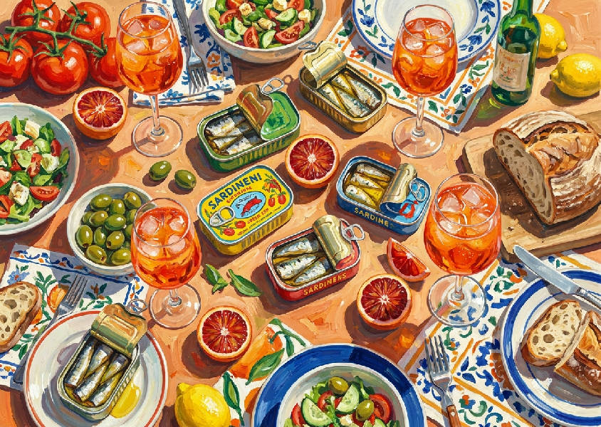 Vibrerande gouache-målning av sommarbord ovanifrån: sardiner, oliver, bröd, spritz. Uttrycksfulla penseldrag, rött, orange, grönt, blått.