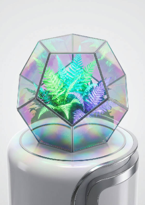 Porträtt av ett 3D-renderat futuristiskt terrarium i iriserande dikroiskt glas med glödande bioluminescerande ormbunkar. Metalliska detaljer och prismatiska ljusreflektioner på en slät vit piedestal. Ren, ljus studiobelysning.