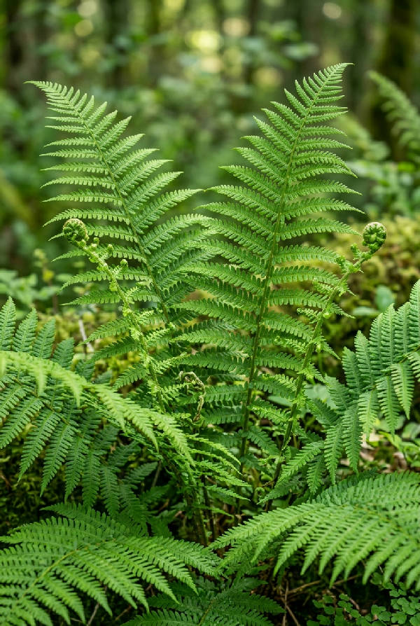 Närbild av frodiga gröna ormbunksblad med intrikata botaniska detaljer i mjukt dagsljus