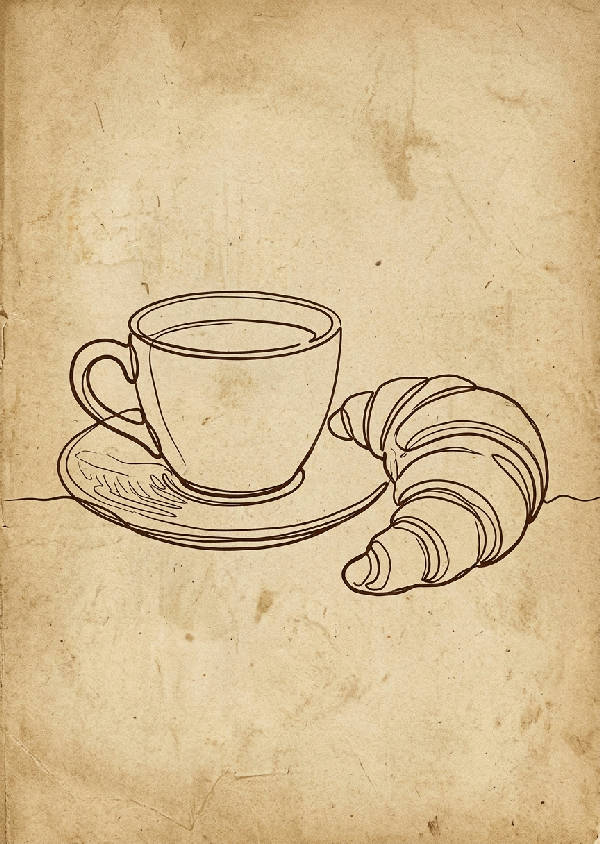En elegant linjekonstillustration av en kaffekopp med ånga och en frasig croissant bredvid på ett fat.