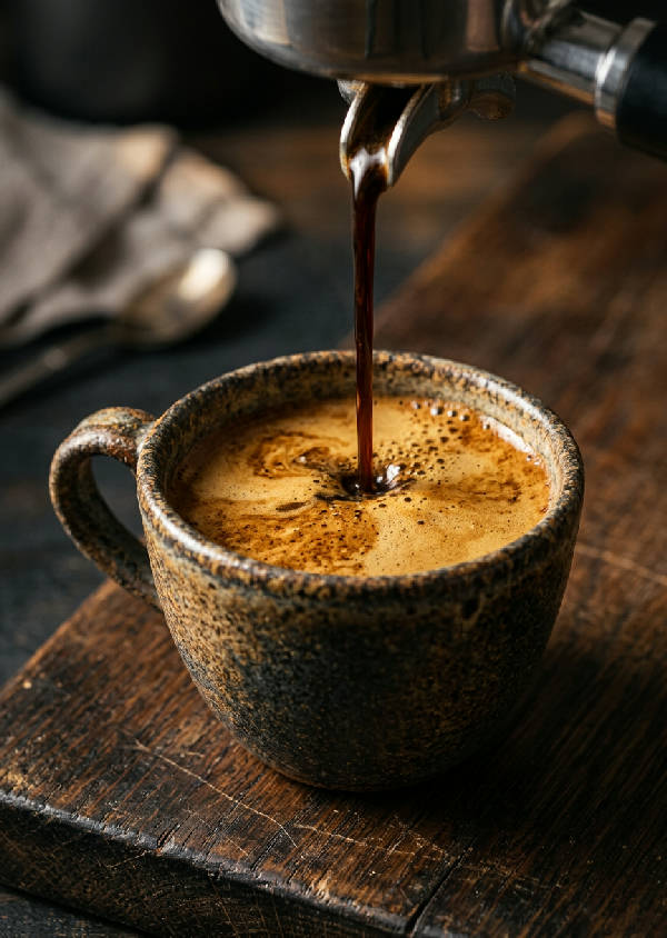 En rykande varm kopp espresso i en vit kopp, belyst av mjukt morgonsolsljus på en mörk yta.
