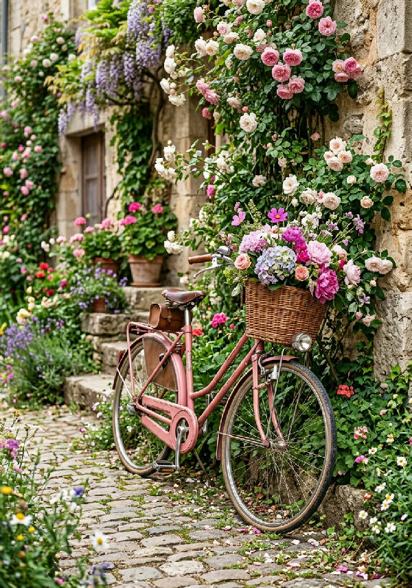 Romantisk illustration av en rosa vintage cykel som lutar sig mot en vägg täckt av blommor i mjuka pastellfärger.