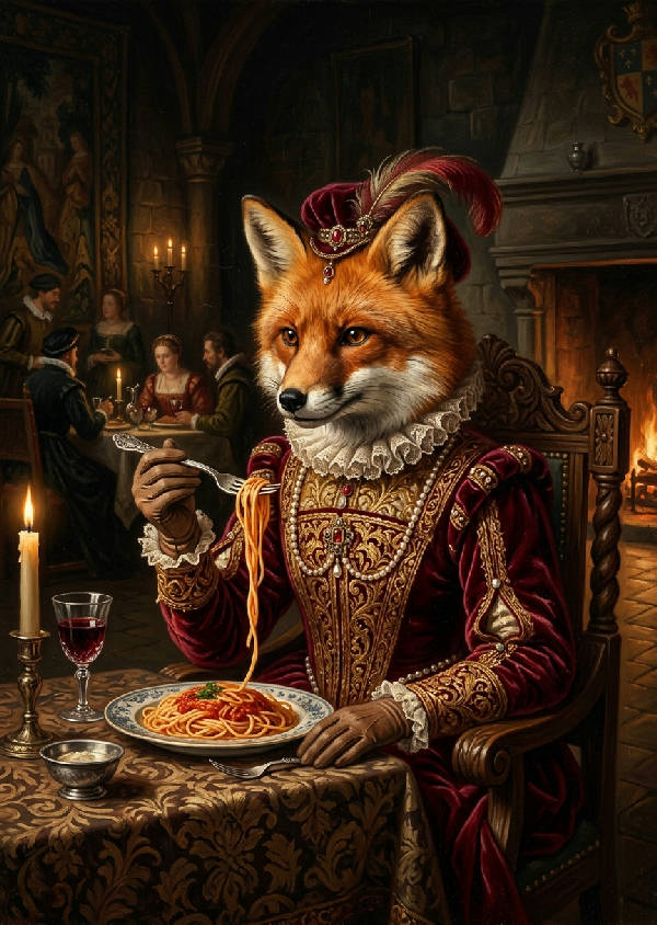 Målning av en räv klädd i historiska renässanskläder, sittandes vid ett bord och äter spagetti med en gaffel, i mörkbrun färgpalett
