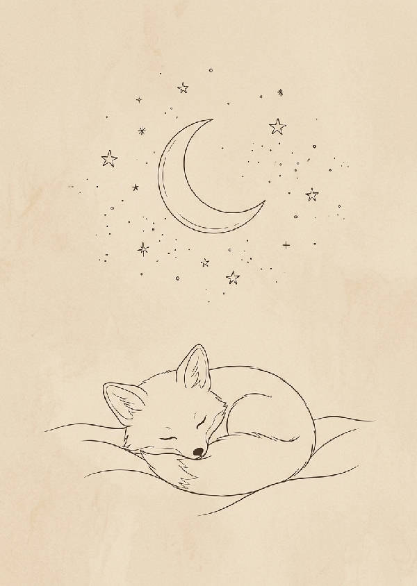 Minimalistisk illustration av en sovande räv under en fullmåne, ritad med tunna svarta linjer mot en blå bakgrund i porträttformat.