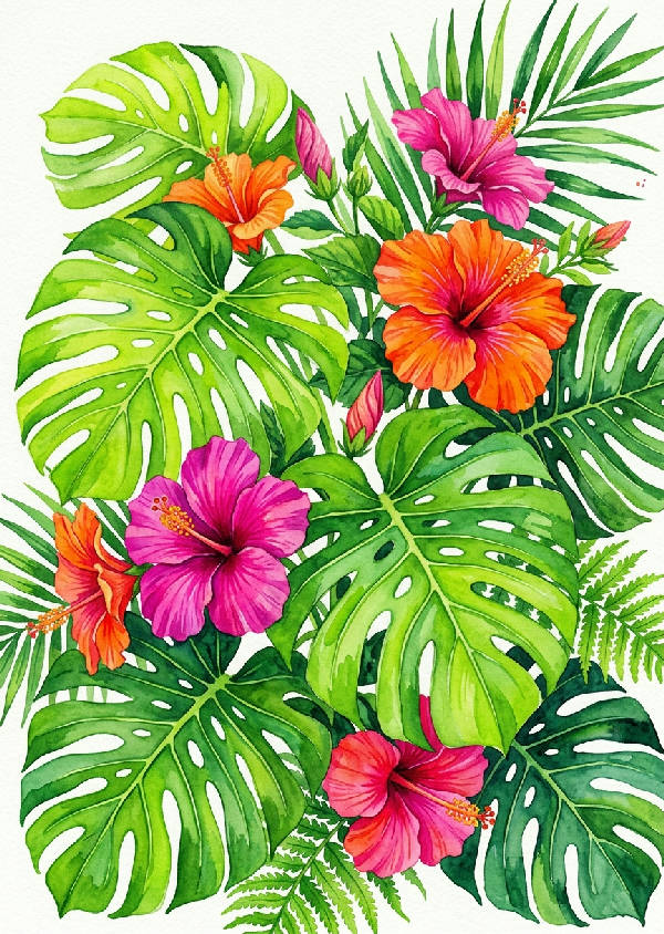 Närbild av livfulla, handmålade akvarellmålningar av tropiska blad och exotiska blommor i grönt, rosa, gult och orange.