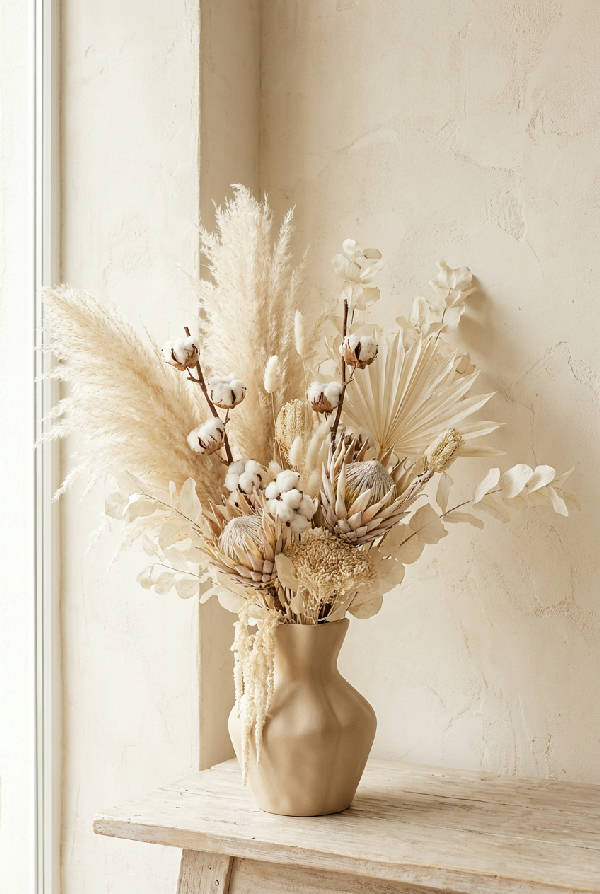 Närbild av en bukett torkade blommor i en vas, med en palett av krämiga vita och beige toner. Blommorna är arrangerade på ett elegant och minimalistiskt sätt.