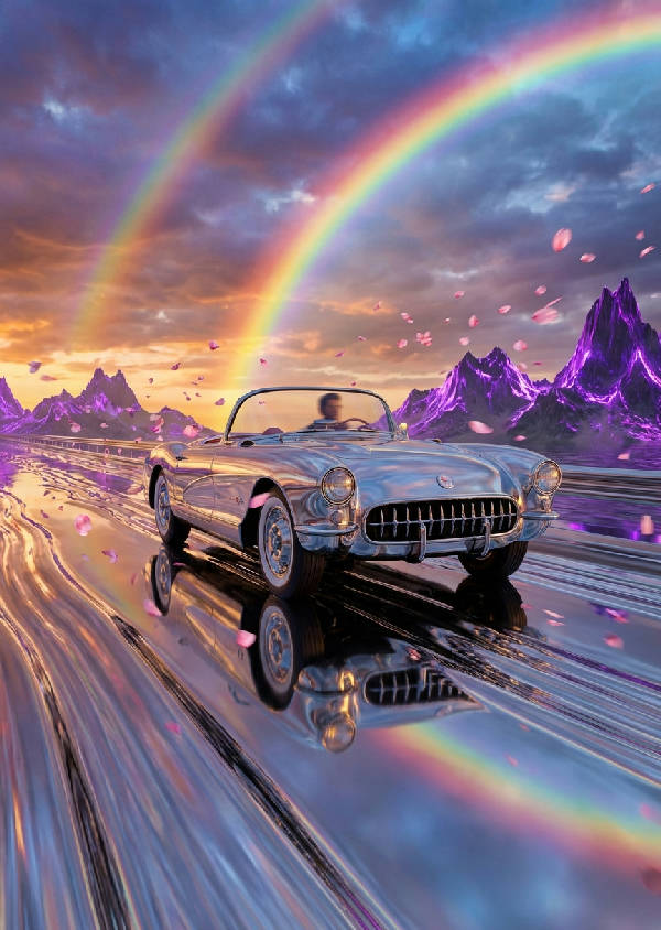 Hyperrealistisk bild av en kromad cabriolet från 50-talet som kör på en väg av flytande kvicksilver under en dubbel regnbåge, med körsbärsblommor och elektriskt lila berg.