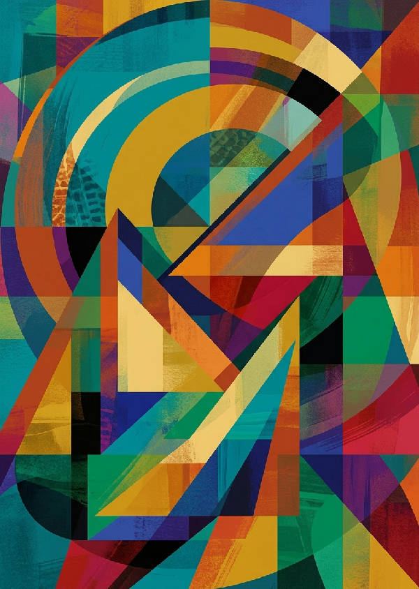 Närbild av en abstrakt poster med geometriska former i olika nyanser av blått, arrangerade i ett modernt mönster