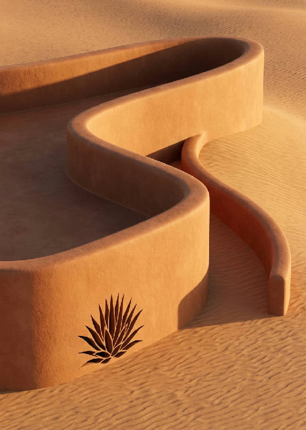 Minimalistisk kurvad terracotta adobe ökenstruktur som smälter in i sanddyner under gyllene timmen.