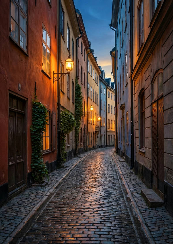Smal kullerstensgränd i Gamla Stan, Stockholm, badad i mjukt skymningsljus med historiska byggnader, lysande fönster och en antik gatlykta.