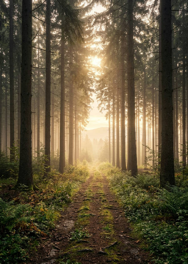 Vertikal bild av en dimmig skogsstig kantad av höga, gröna träd som försvinner in i mystiken och mjukt ljus.