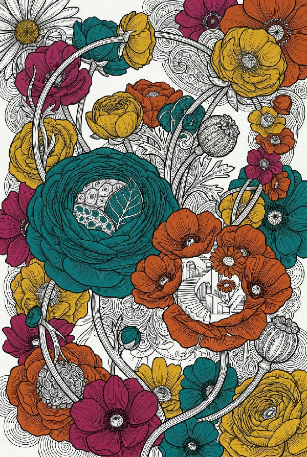 Närbild av surrealistiska, repetitiva blommiga former och linjer i grundfärger mot en vit bakgrund, arrangerade i bilder inuti bilder