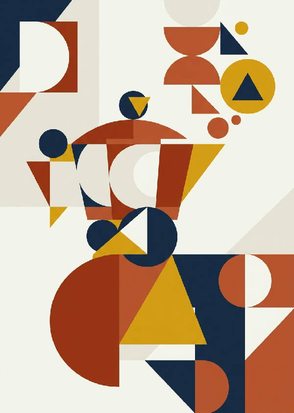 Minimalistisk geometrisk illustration av en dekonstruerad Mokabryggare med cirklar, trianglar och halvcirklar i bränd sienna, senapsgult, marinblått och benvitt.