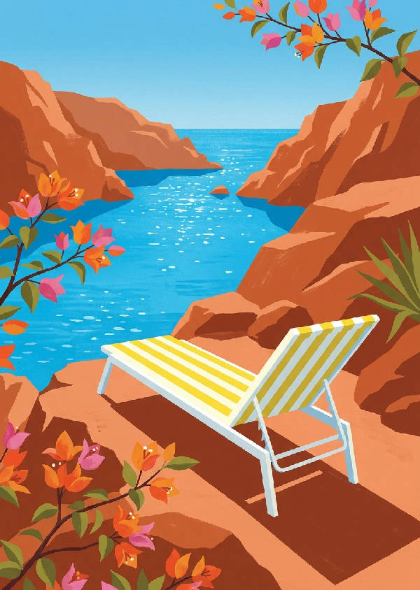 En elegant mid-century modern illustration av en solstol på en klippa vid Medelhavet, omgiven av bougainvillea och med utsikt över havet. Dominerande färger är terracotta orange, azurblått, citrongult, vitt och olivgrönt.
