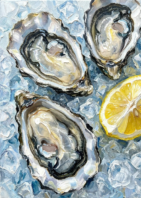 Tjock impasto oljemålning av tre nyöppnade ostron på krossad is med en levande gul citronklyfta.