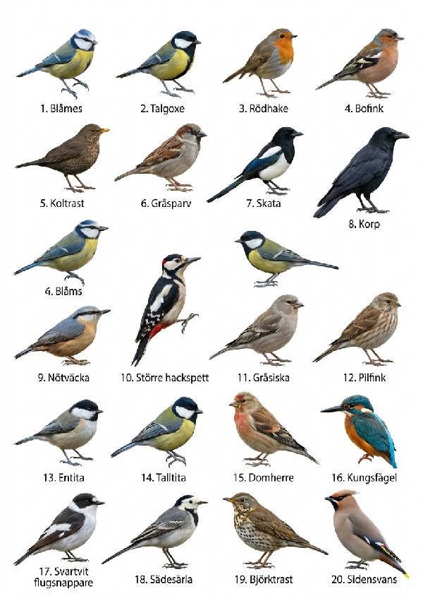 Närbild av en samling färgglada illustrationer av tjugo olika svenska fåglar med deras namn skrivna under varje bild, på en vit bakgrund.