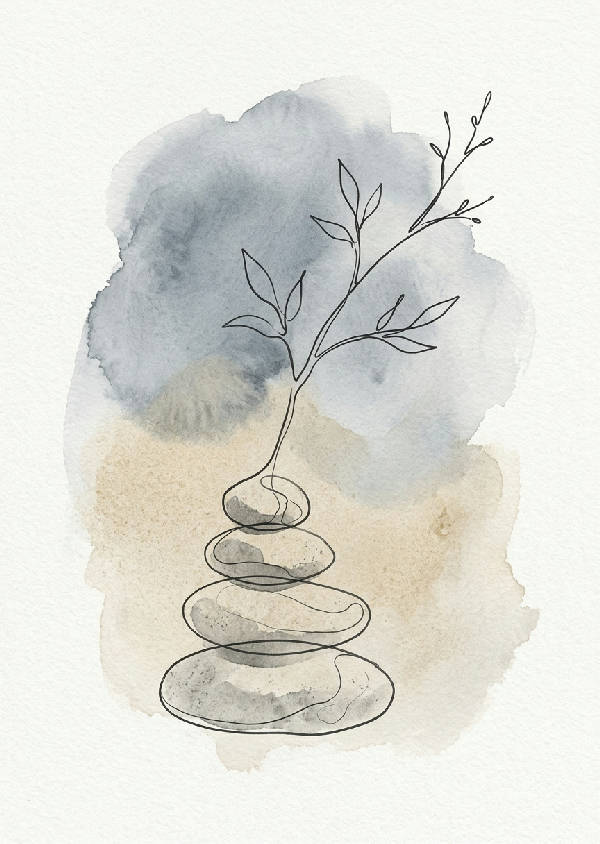 Minimalistisk abstrakt zen wabi-sabi konst med flytande, oregelbundna linjer i grå och vita nyanser.