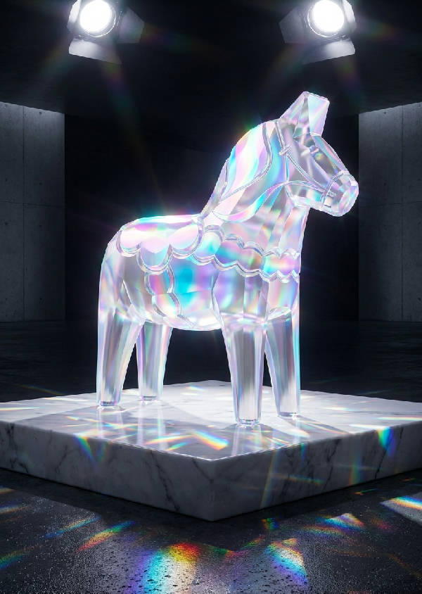 3D-renderad Dalahäst av genomskinligt holografiskt glas och iriserande kristallfacetter på vit marmorpiedestal.