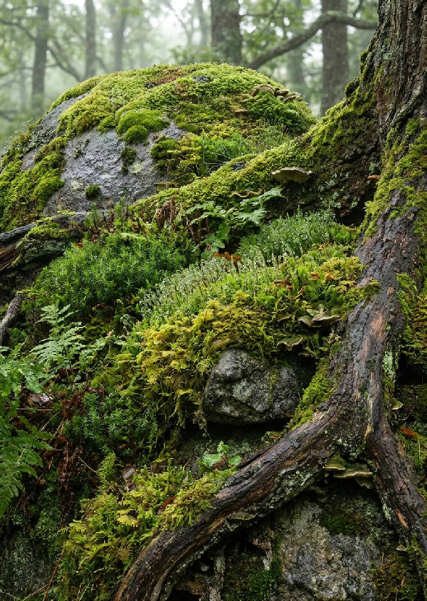 Närbild av mossbeklädda stenar och utskjutande trädrot vid basen av ett gammalt träd i dimmig skog