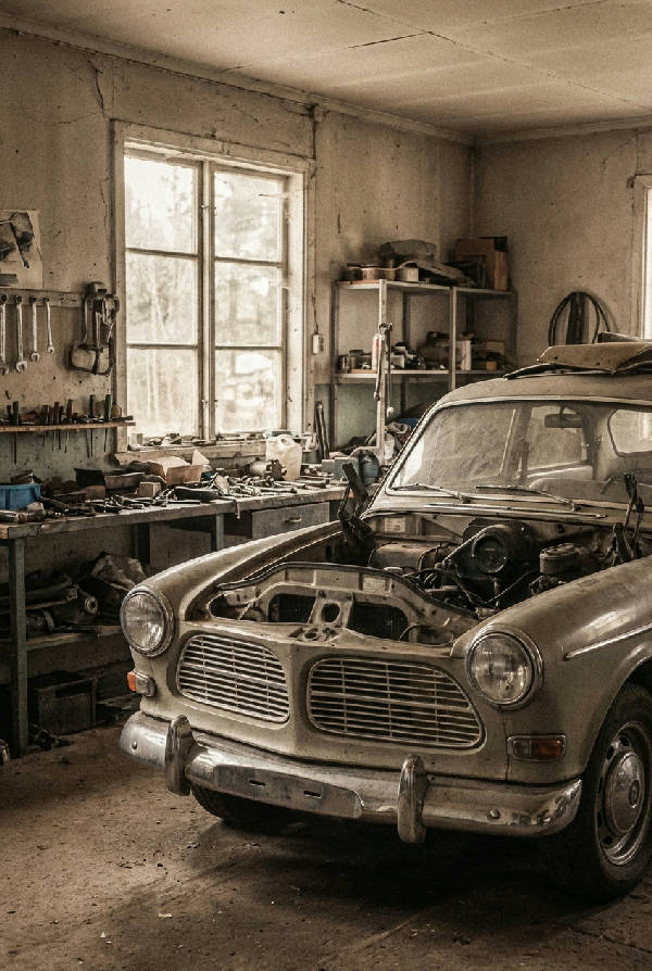 Detaljerad bild av en isärskruvad bilmotor och chassi i ett mekanikergarage, med verktyg och delar organiserade runt omkring.