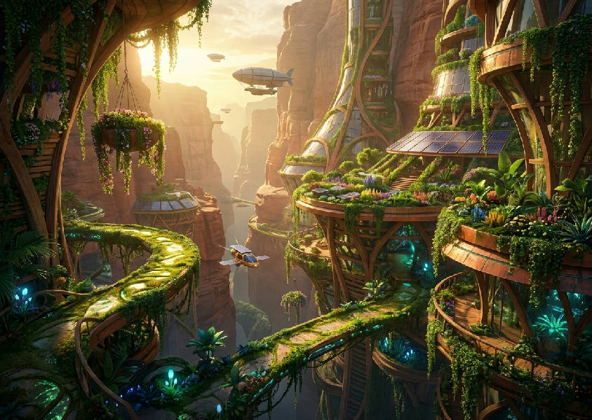 Detaljerad 3D-renderad solarpunkstad i kanjon. Grönskande organisk arkitektur, hängande trädgårdar, glödande flora i gyllene kvällsljus.