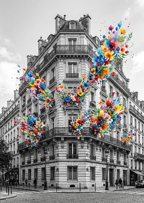 Svartvit Paris-arkitektur med stänk av färgglad akvarellfärg, vertikal bild