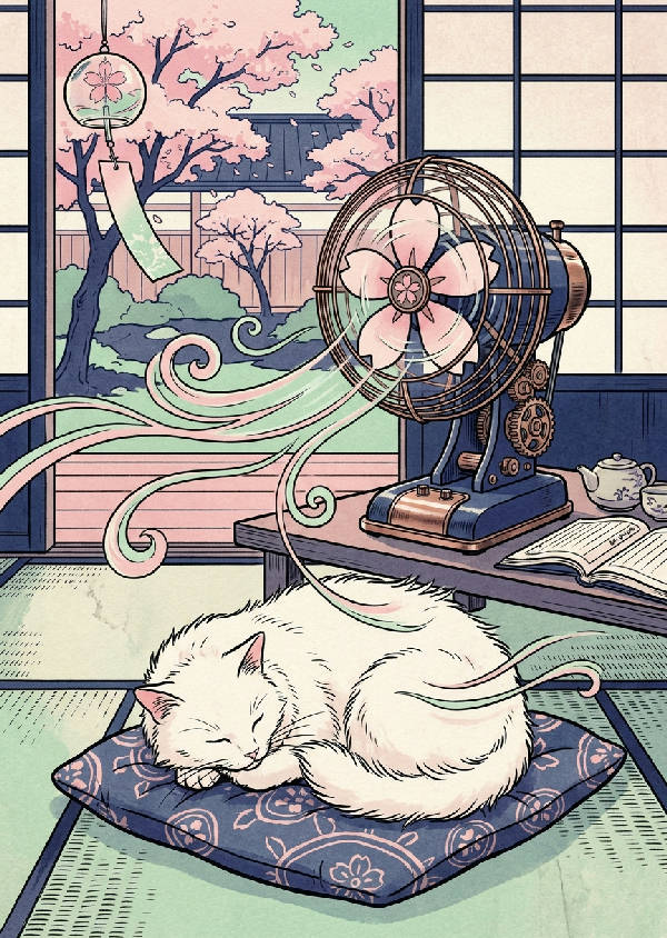 Ukiyo-e träsnittstryck av en vit katt som sover under en retro-futuristisk skrivbordsfläkt med intrikata linjer och platta färger.