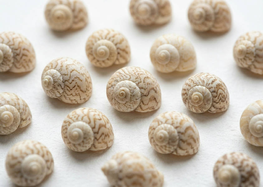 Närbild av en samling snäckskal med detaljerade fraktala mönster, arrangerade på en vit yta med grunt skärpedjup.