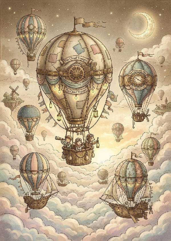 Två retro luftballonger i rött och blått som svävar bland mjuka vita och grå moln på en drömsk himmel