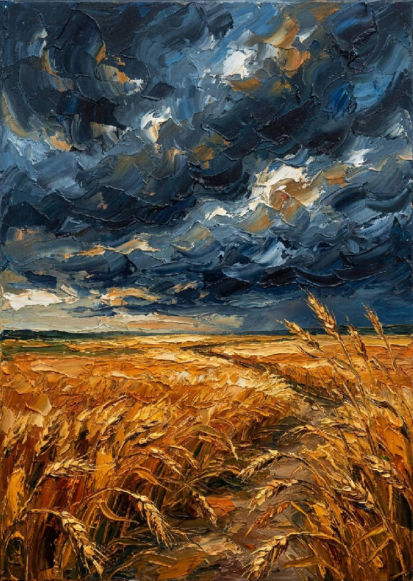 Tjock impasto oljemålning med mörka åskmoln som drar in över ett glödande gyllene vetefält i ett dramatiskt landskap.