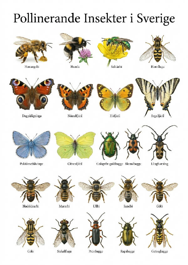 Detaljerad illustration av över 20 svenska pollinerande insekter på vit bakgrund, med namn under varje art.