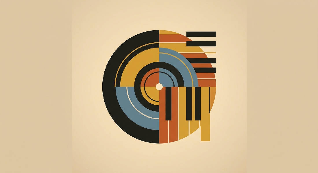 Mid-century modern abstrakt komposition med stiliserad vinylskiva som delvis överlappar minimalistiska pianotangenter. Varm beige negativ yta omger geometrin. Färgpaletten inkluderar senapsgult, dammblått, bränd orange, svart och varm beige.