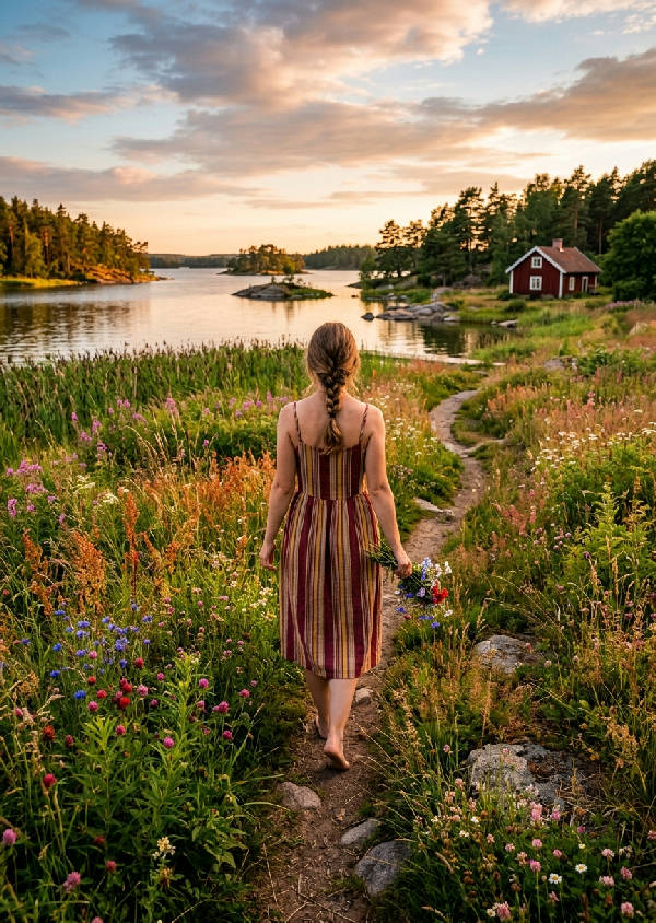En idyllisk svensk sommaräng i full blom med frodigt grönt gräs, vilda blommor och en klarblå himmel.