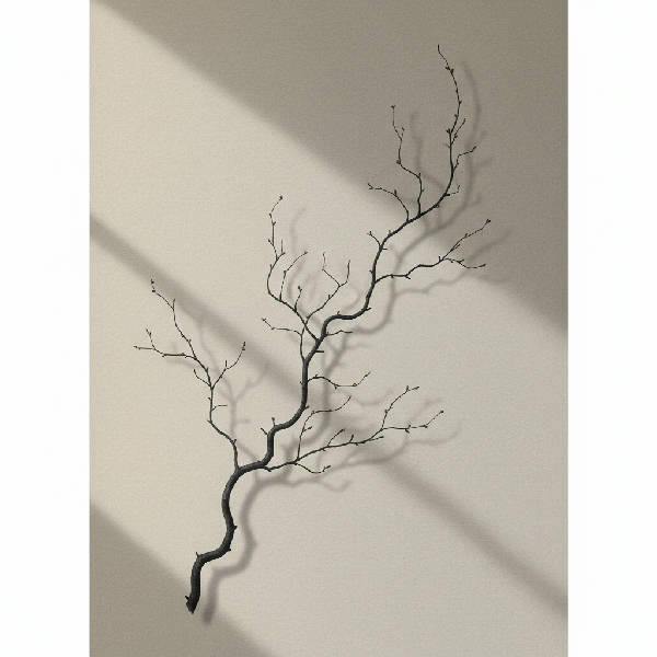 Minimalistisk Japandi-väggkonst med en ensam graciös trädgren som sträcker sig diagonalt, ljust varmgrå bakgrund med pappersliknande textur, neutral färgpalett.