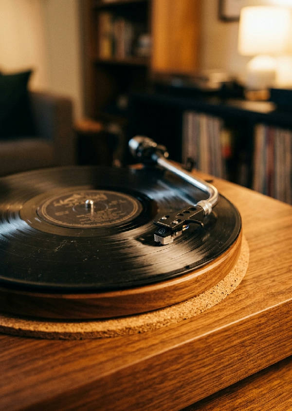 Närbild av en gammaldags skivspelare med vinylskiva, upplyst av mjukt, varmt gult ljus i porträttformat.