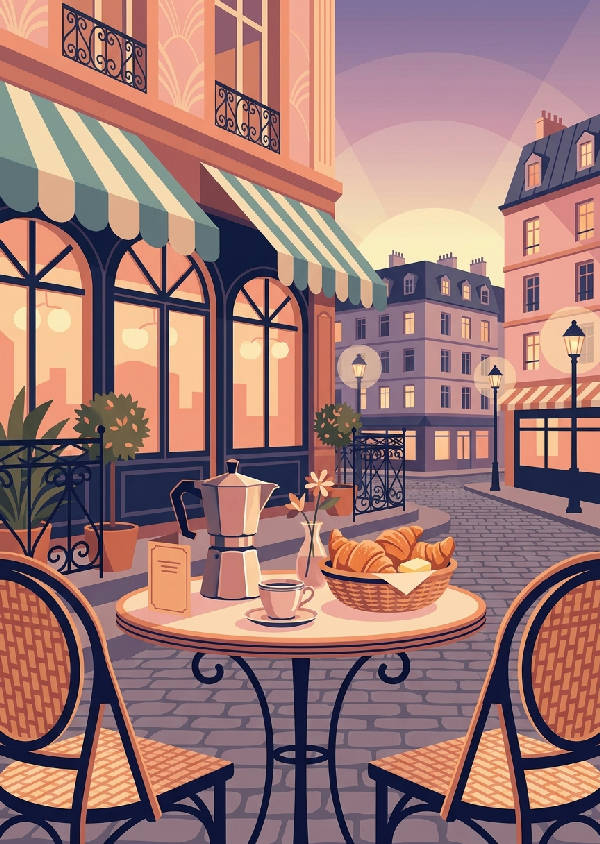 Art Deco-illustration av ett franskt kafébord med croissanter och en kaffekopp, i bruna och beige toner.