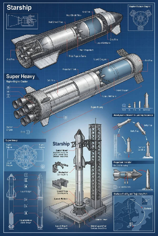 Detaljerade schematiska ritningar av SpaceX Starship raketen i svartvitt på vit bakgrund