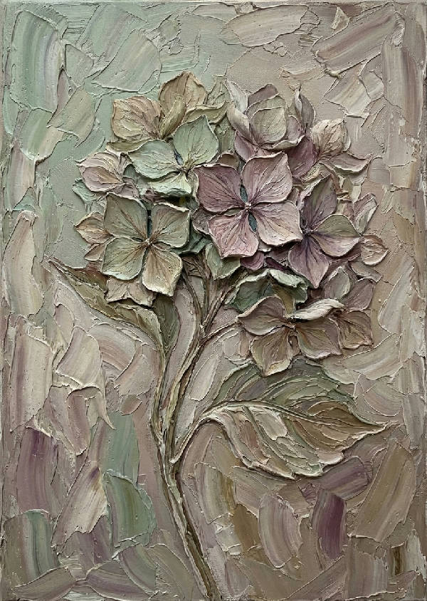 Impasto oljemålning av en torkad hortensiablomma. Skulptural textur, pappersliknande skörhet. Dämpade salviagrön, mauve, varm taupe.