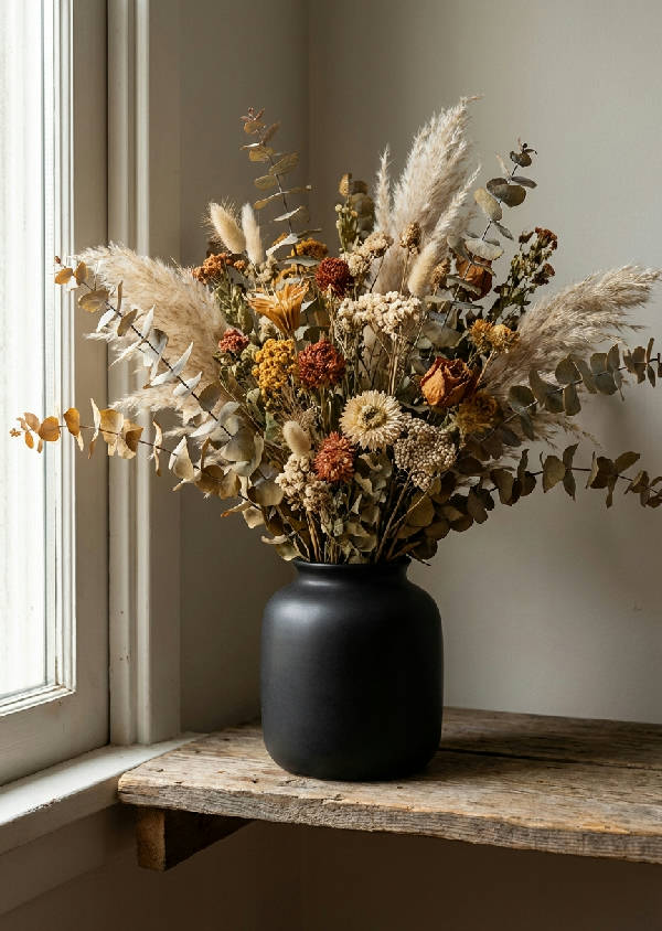 Hyperrealistisk vintage botanisk still life med torkad eukalyptus, pampasgräs och vildblommor i svart vas på trähylla.