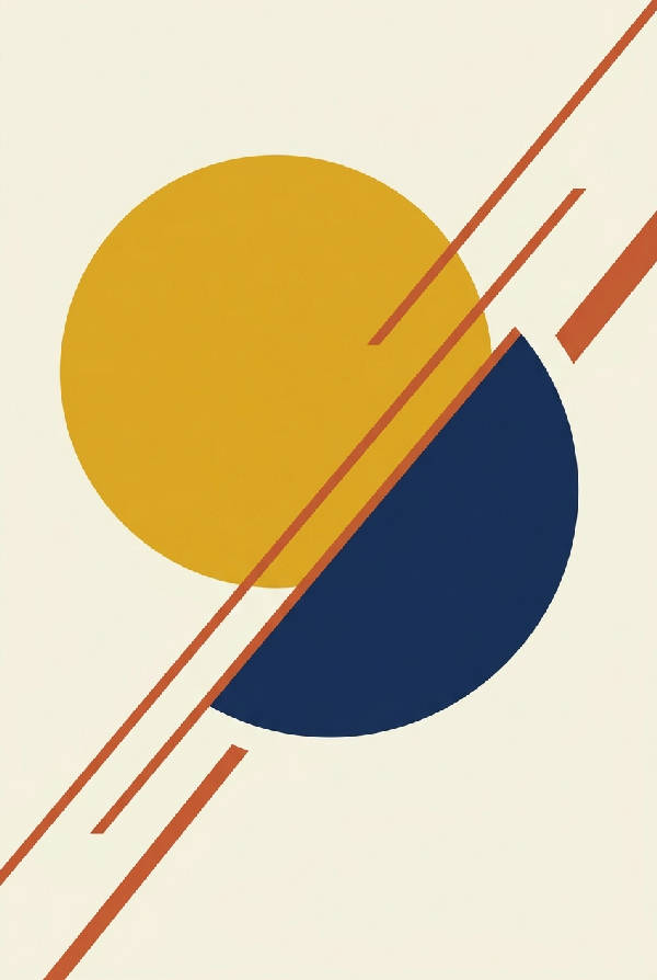 Minimalistiskt geometriskt konsttryck med en senapsgul cirkel, marinblå halvcirkel och terrakottalinjer på ljus beige bakgrund.
