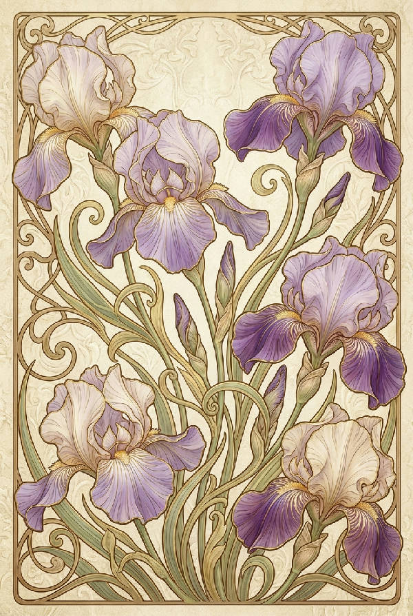 Närbild av en Art Nouveau-inspirerad iristrädgårdsaffisch med flödande lila och guldfärgade kronblad och delikata blad mot en texturerad krämfärgad bakgrund.