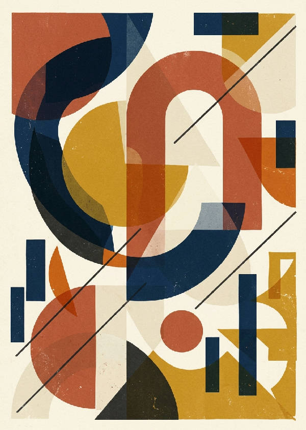Abstrakt poster med geometriska former i retrostil. Terrakotta, senapsgul och marinblå blockformer arrangerade vertikalt.
