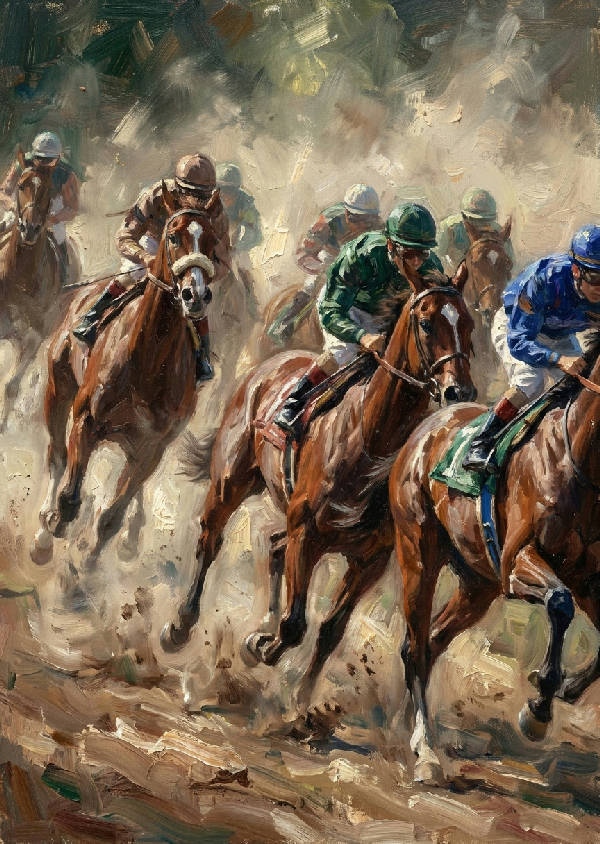 Impressionistisk oljemålning av galopperande racinghästar i full fart, med fokus på rörelse