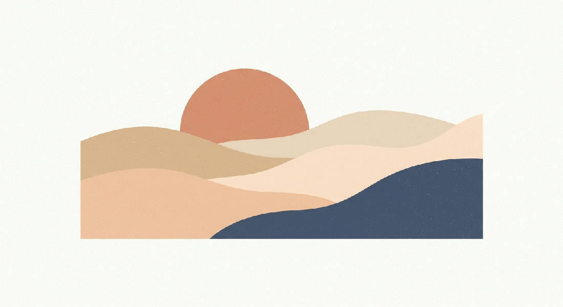 Abstrakt minimalistisk komposition med en halvcirkelformad sol bakom flytande kullar i terracotta, beige, persika och marinblått på en vit bakgrund.