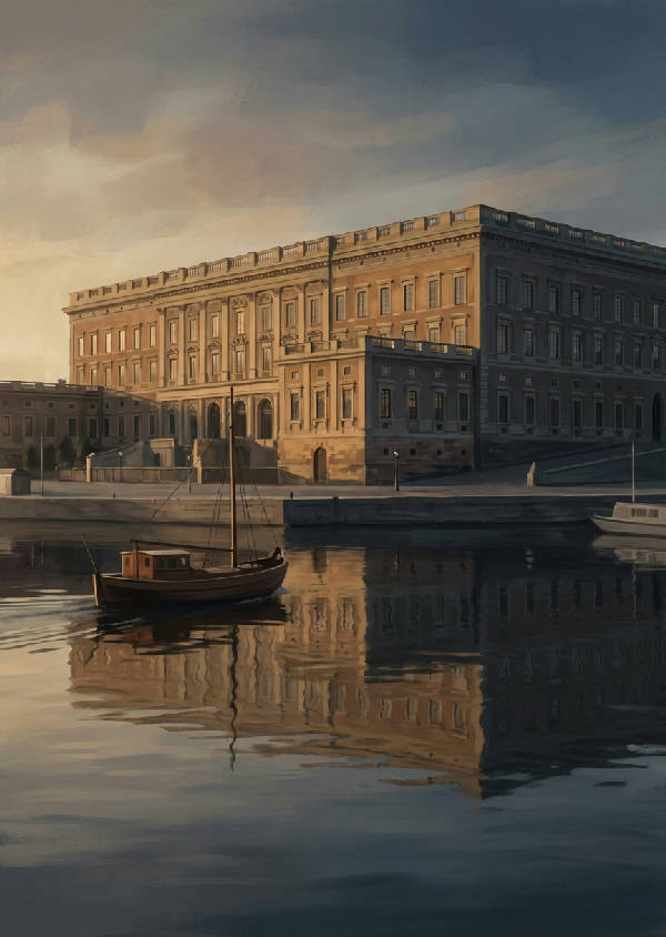 Detaljerad digital målning av Kungliga Slottet i Stockholm från Skeppsbron vid gyllene timmen, med en traditionell träbåt på vattnet som reflekterar slottet.