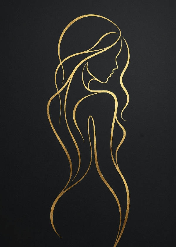 Närbild av en minimalistisk abstrakt illustration med en flytande guldfärgad linje på en helmatt svart bakgrund.